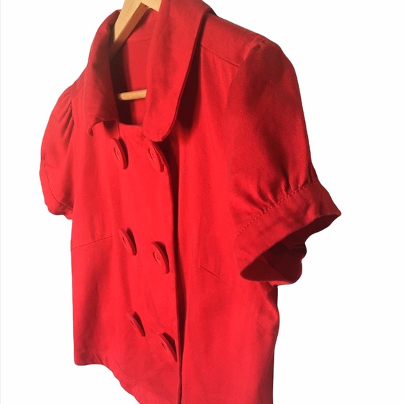 Boxy Red Double Breasted Puff Sleeve Twill Jacket - Picture 2 of 7